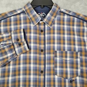 Kavu Men's Large Brown Blue Plaid Button Long Sleeve Flannel Shirt Cotton Blend